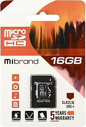 Карта пам'яті Mibrand MicroSDHC 16GB Class 10 UHS-1 + SD адаптер (MICDHU1/16GB-A)