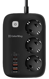 Мережевий фільтр-подовжувач ColorWay 3 розетки/4USB GaN3 Pro PD (2USB-A + 2 TYPE-C) (65W) 2 м (CW-CHE34PDB)