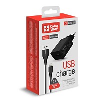 Зарядний пристрій ColorWay 1USB AUTO ID 2A (10W) Black + Кабель Apple Lightning 1м Black
