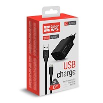 Зарядний пристрій ColorWay 1USB AUTO ID 2A (10W) Black + Кабель Apple Lightning 1м Black