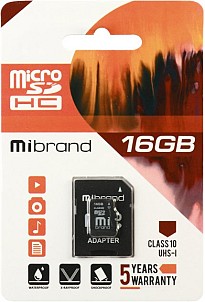 Карта пам'яті Mibrand MicroSDHC 16GB Class 10 UHS-1 + SD адаптер (MICDHU1/16GB-A)