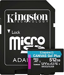 Карта пам'яті  Kingston 512GB microSDXC C10 UHS-I U3 A2 R170/W90MB/s Canvas Go Plus + SD адаптер SDCG