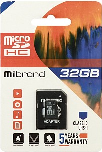 Карта пам'яті Mibrand MicroSDHC 32GB Class 10 UHS-1 + SD адаптер (MICDHU1/32GB-A)