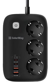 Мережевий фільтр-подовжувач ColorWay 3 розетки/4USB GaN3 Pro PD (2USB-A + 2 TYPE-C) (65W) 2 м (CW-CHE34PDB)