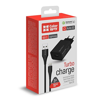 Зарядний пристрій ColorWay 1USB Quick Charge 3.0 (18W) Black + Кабель Apple Lightning 1м Black