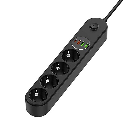 Мережевий фільтр ColorWay 4 розетки/4USB (Type-C PD20W + 3USB QC3.0) (45 Вт) 2 м Black (CW-CHE44PDB)