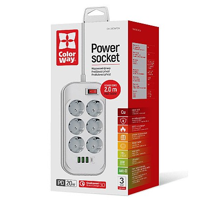 Мережевий фільтр-подовжувач ColorWay 6 розеток/4USB (Type-C PD20W + 3USB QC3.0) (38 Вт) 2 м White (CW-CHE64PDW)