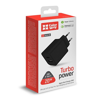 Зарядний пристрій ColorWay Type-C PD + USB QC3.0 (20W) V2 black