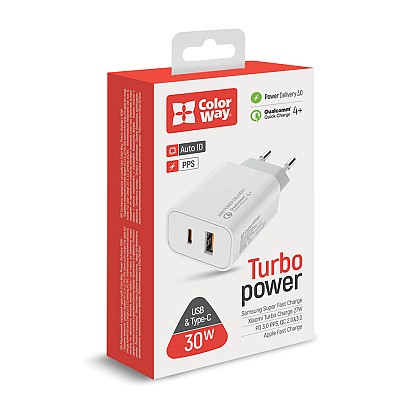 Зарядний пристрій ColorWay Power Delivery Port PPS USB (Type-C PD + USB QC3.0) (30W) White