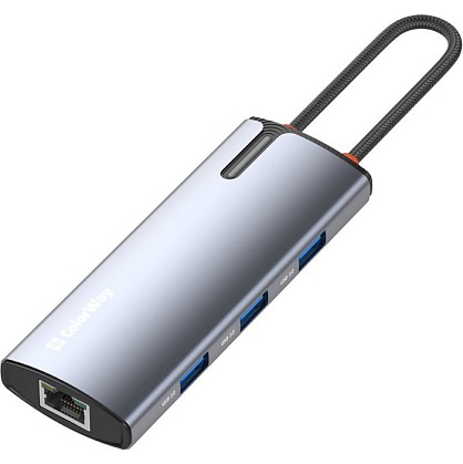 USB-хаб ColorWay USB-C - 3xUSB-A 3.0 HDMI 4K RJ-45 USB-C PD 100W Dark Grey (CW-HUB02)