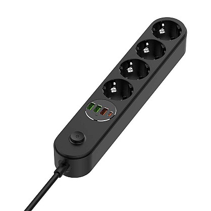 Мережевий фільтр-подовжувач ColorWay 4 розетки/4USB (Type-C PD20W + 3USB QC3.0) (45 Вт) 2 м Black (CW-CHE44PDB) 1 відгук
