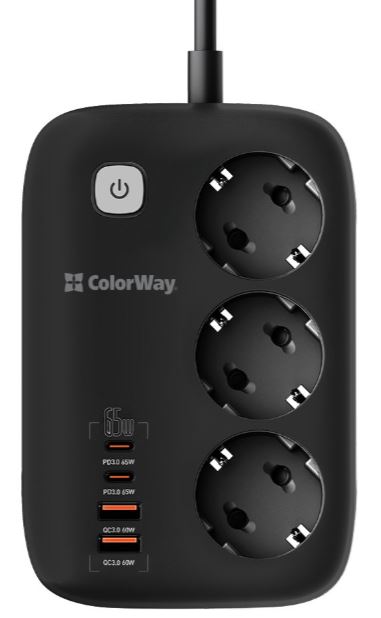 Мережевий фільтр-подовжувач ColorWay 3 розетки/4USB GaN3 Pro PD (2USB-A + 2 TYPE-C) (65W) 2 м (CW-CHE34PDB)